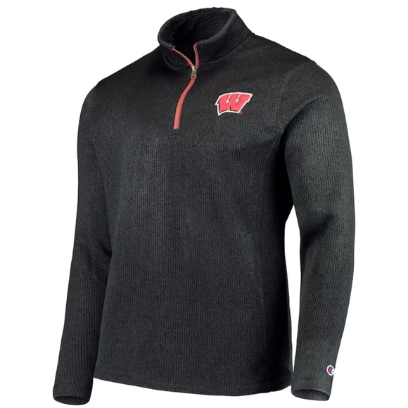 💝 Men’s Champion Charcoal Gray Wisconsin Badgers Ribbed Quarter Zip Pullover 2XL - Picture 2 of 6